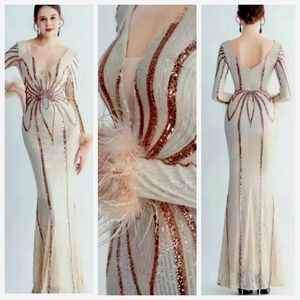 Gold Sequin Embellished Long Sleeve Gown